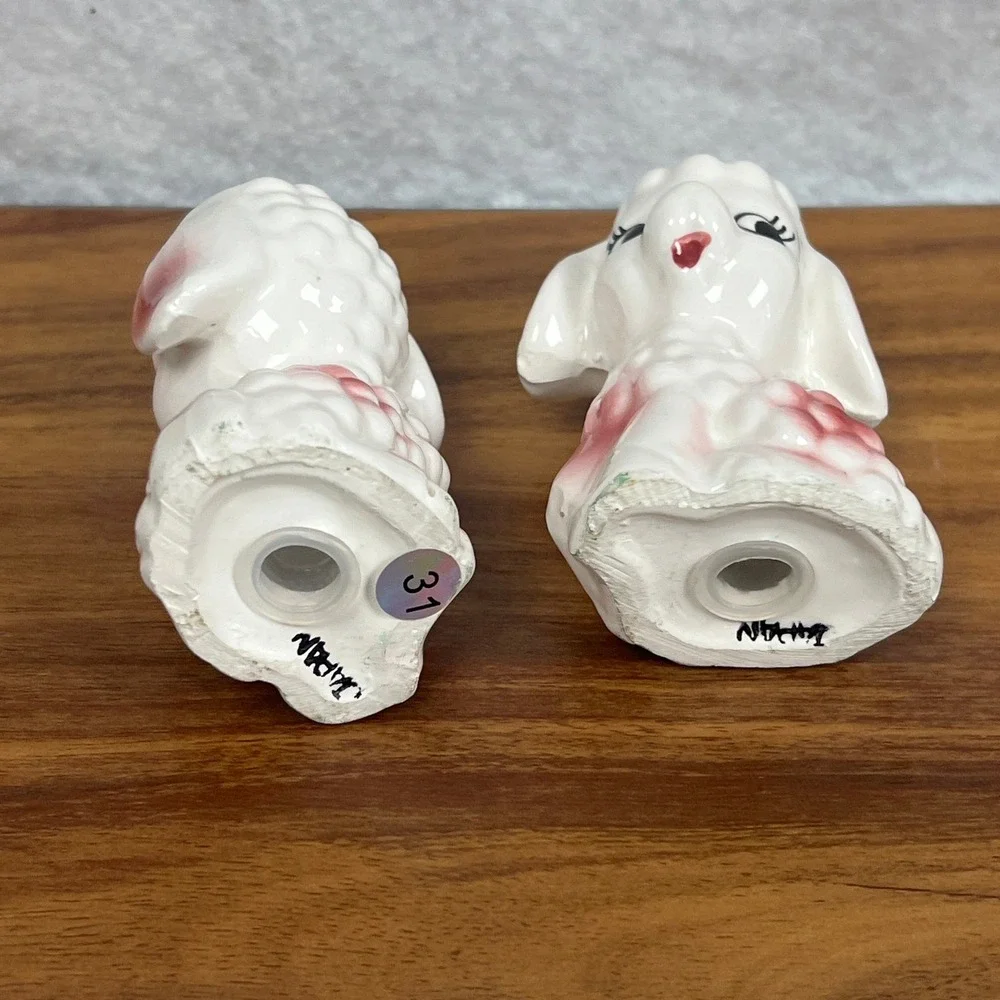 Vintage Japan Ceramic Lamb Salt and Pepper Shakers Pink White Kitsch Set